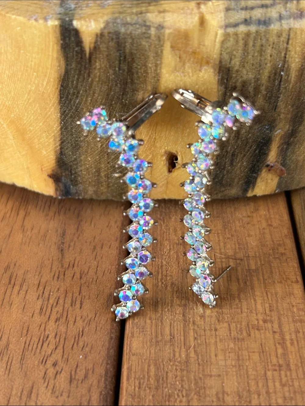Vintage Aurora Borealis Crawler Crystal Clip-On Earrings - Gold Tone - Picture 5 of 6